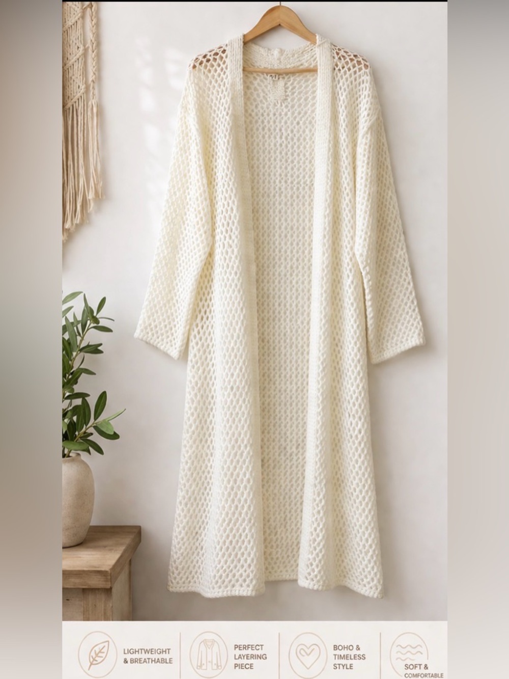 POL BOHO OPEN KNIT OFF WHITE LONG CROCHET CARDIGAN SIZE SMALL NWOT - Picture 4 of 12